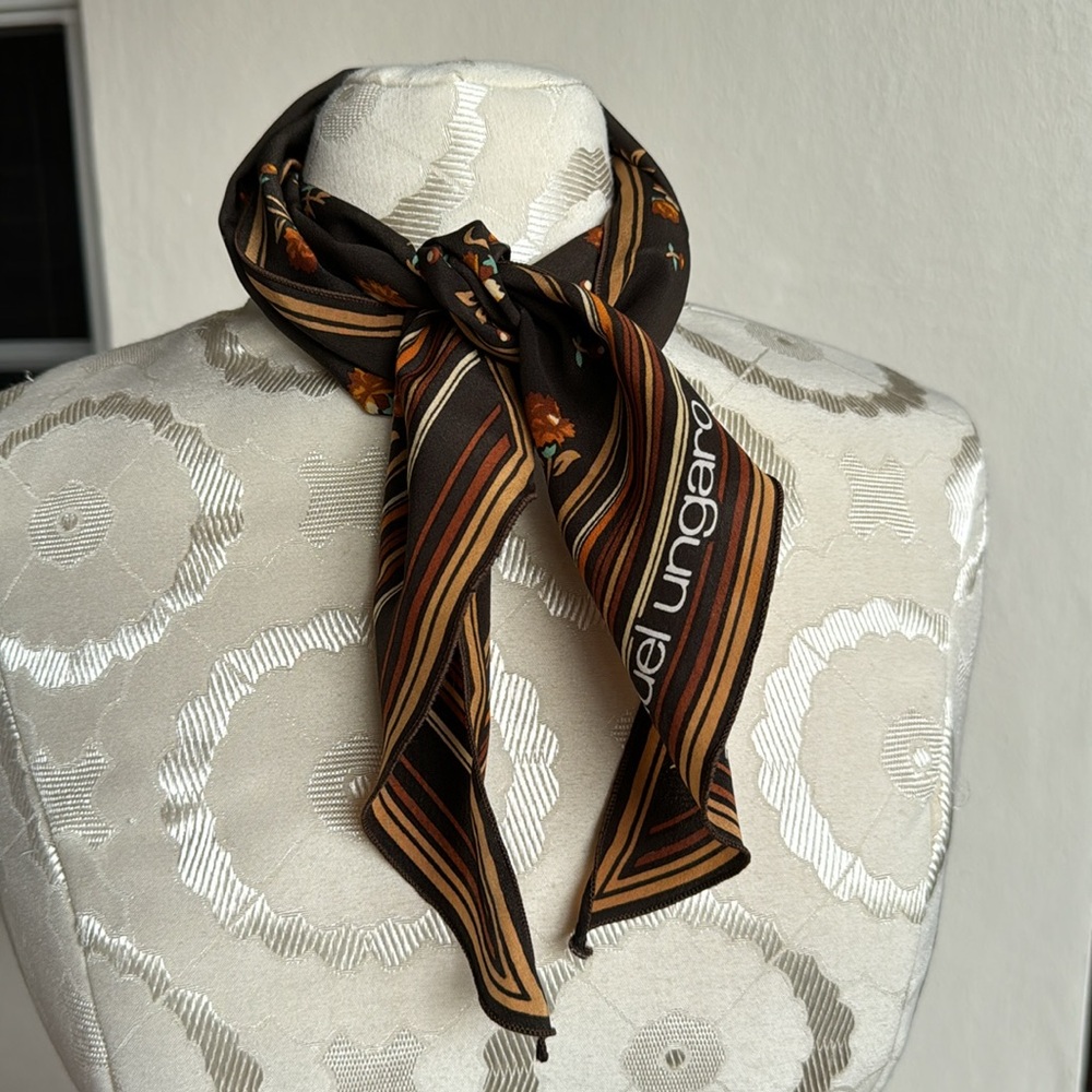 Emanuel Ungaro Silk Vintage Brown Flowers Stripes Lovely 60’s 70’s Skinny Scarf - Picture 12 of 13